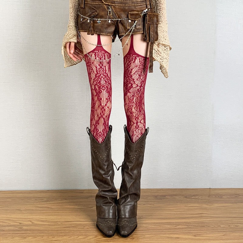 Bold & Beautiful – Suspender Fishnet Tights with Attitude - Wine - One Size - image 2