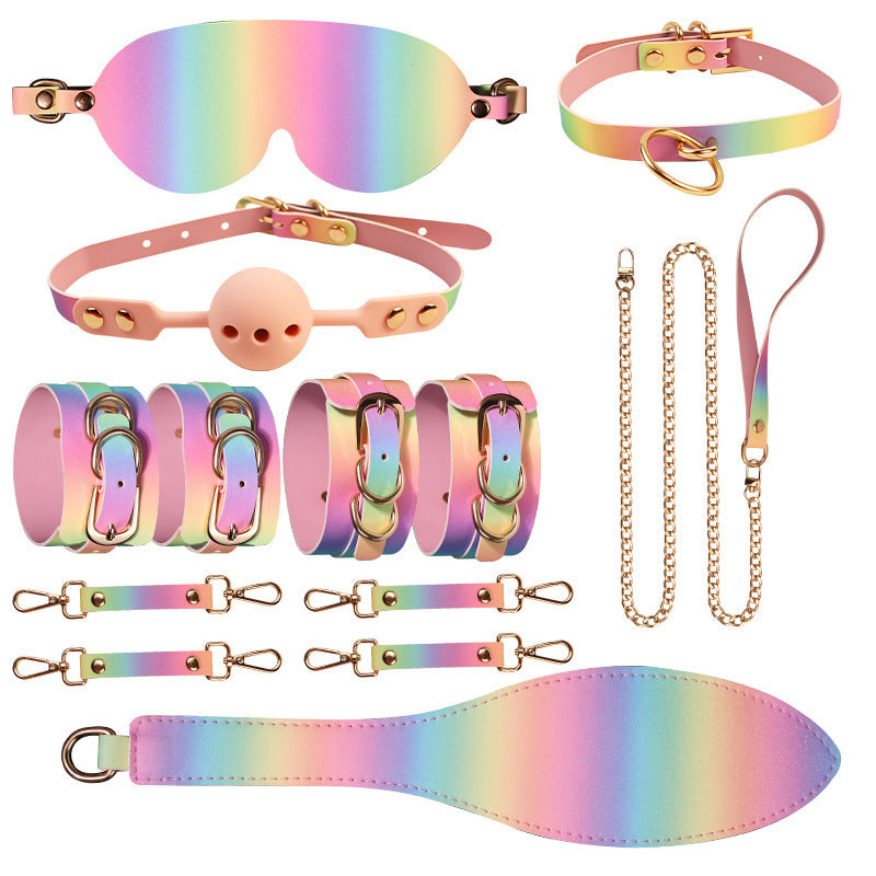 SM Kit Handcuffs Mouth Gag Collar Flogger Blindfold - Rainbow - image 1