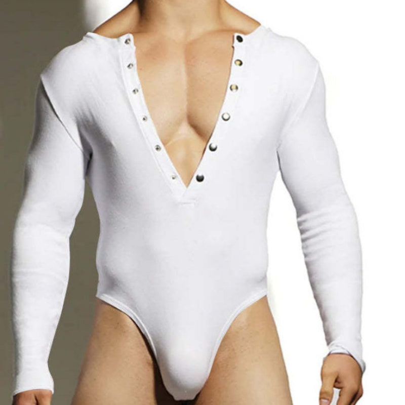 Deep V-Neck Long Sleeved Bodysuit Men Clubwear - White - XXXL - image 2