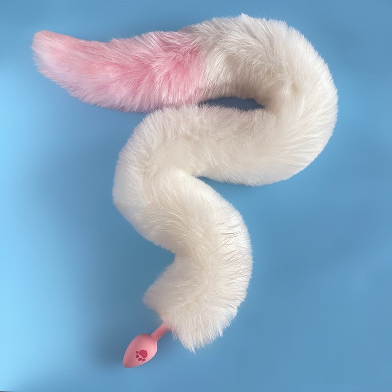 Cat Paws Fluffy Anal Butt Plug - White pink long tail - image 17