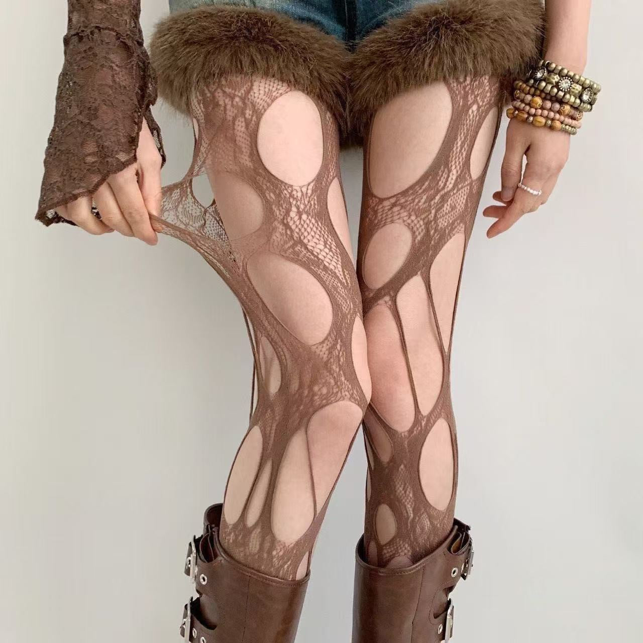 Gothic Ripped Fishnet Tights – Edgy & Bold for Night Outs - Coffee - One Size - image 12