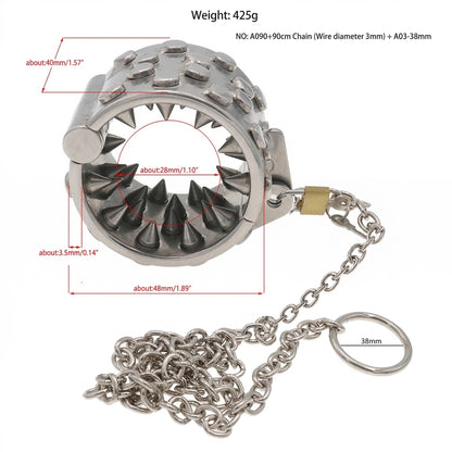 Stainless Steel Ring Testicle Ring with Spikes and Chain - L - image 5