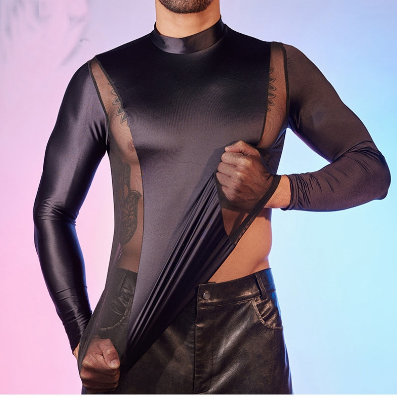 Men's Oiled Shiny High Elastic Long Sleeve Top - Black - XXXL - image 6