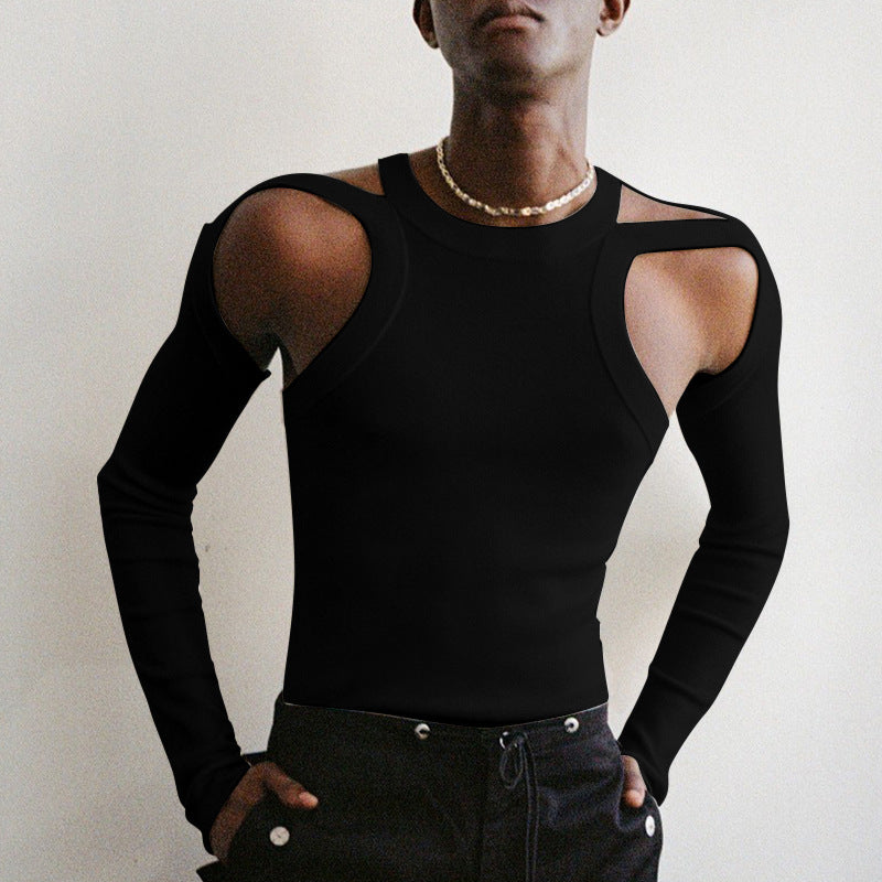 Men's Cut-Out Sexy Stretch Skinny T-Shirt - Black & Long Sleeve - XXXL - image 6