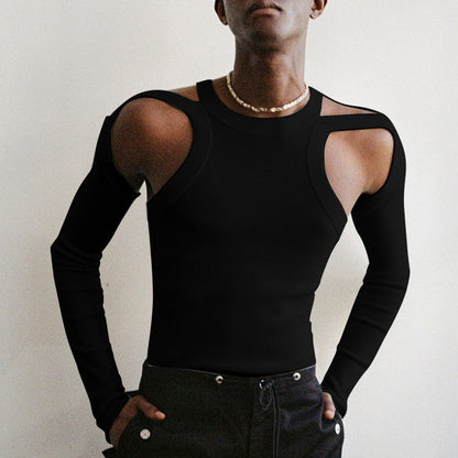 Men's Cut-Out Sexy Stretch Skinny T-Shirt - Black & Long Sleeve - XXXL - image 6