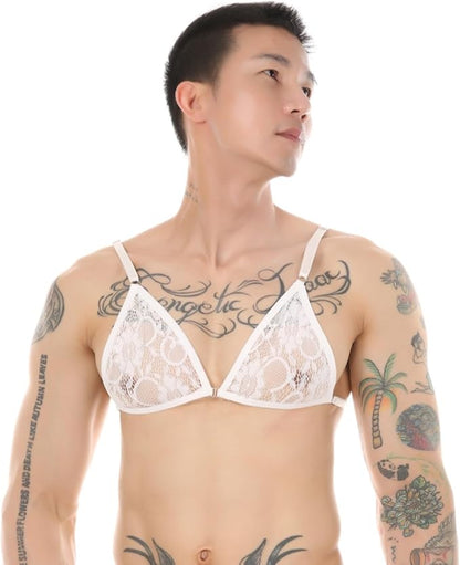 Men's Deep V-neck Lace Trim Sleepwear Sissy Men's Bra - White Bra - 2XL - image 10