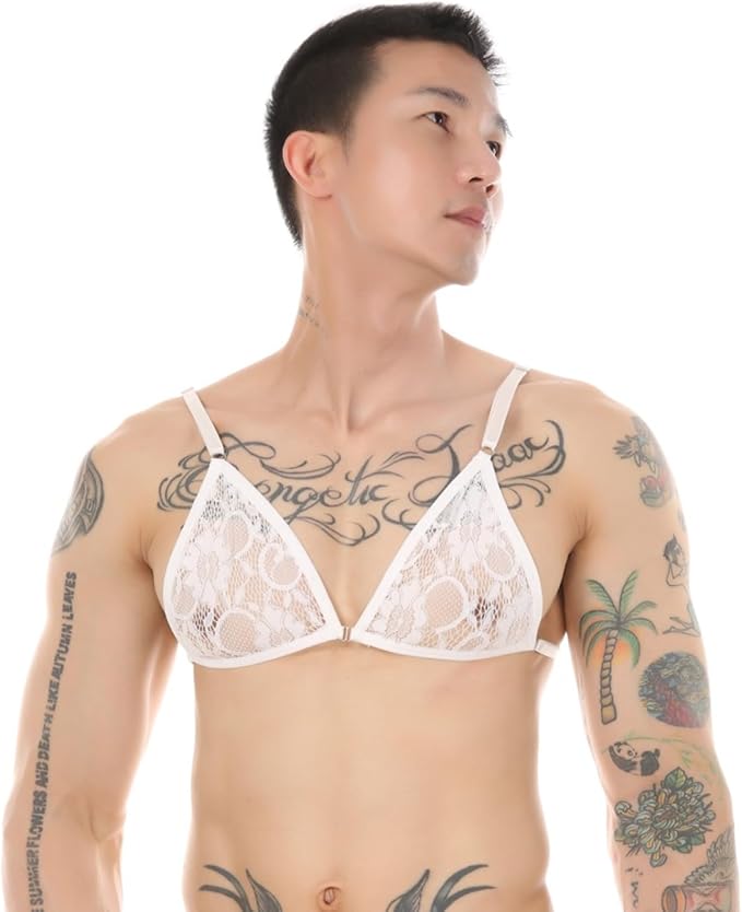 Men's Deep V-neck Lace Trim Sleepwear Sissy Men's Bra - White Bra - 2XL - image 10