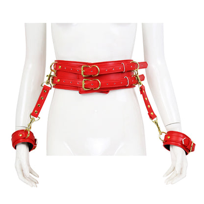 BDSM Leather Handcuffs with Waist Harness for Doggy Style - Red - image 1