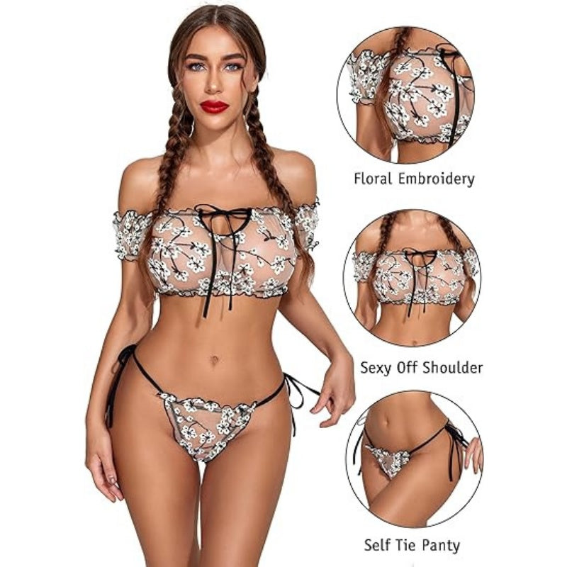 Flirty Off-Shoulder Ruffle Lingerie Set - Sheer Mesh Bra & Tie-Side Panty - D - XXXL - image 24