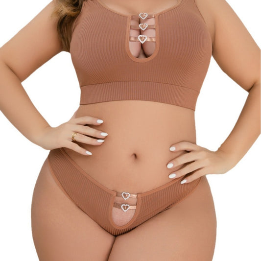 Plus Size Cotton Lingerie Set for Women – Soft Wireless Bra & Panty with Rhinestone Heart - image 0