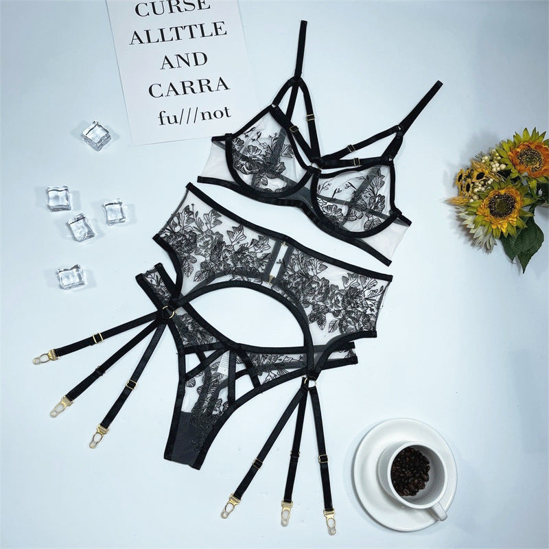 Strappy Transparent Floral Bra Thong Garter Set - Black - XXL - image 2