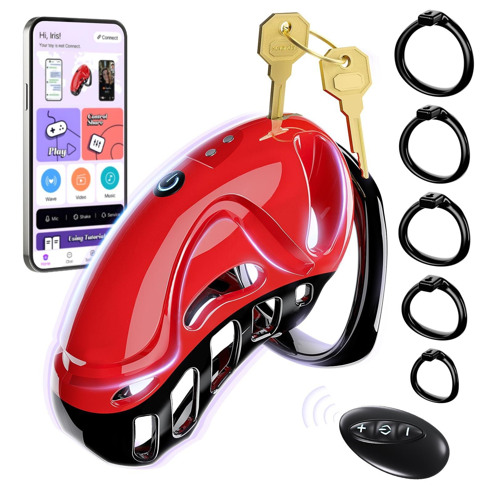 Chastity Sex Toys With 5 Sizes Rings 2 Keys & 1 Lock - Red & Black - image 4