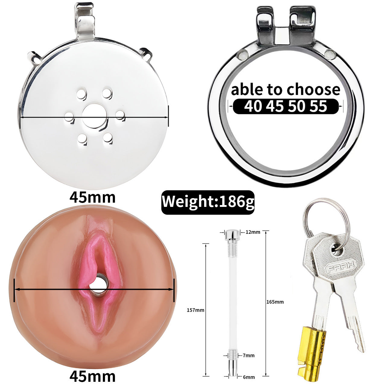 Sissy Chastity Cage with Virginal Pad & Urethral Tube - 55mm curve ring - image 3