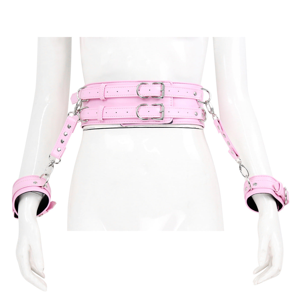 BDSM Leather Handcuffs with Waist Harness for Doggy Style - Pink - image 5
