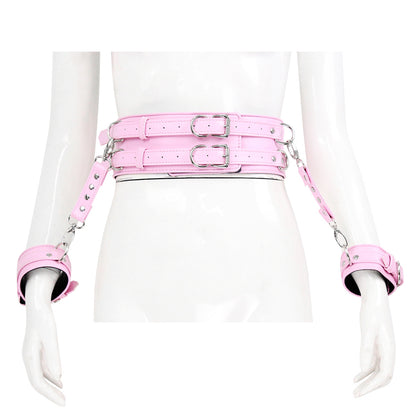 BDSM Leather Handcuffs with Waist Harness for Doggy Style - Pink - image 5