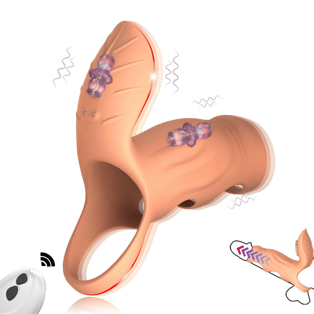 2 in 1 Silicone Vibrating Penis Sleeve Enhances Girth - Beige - image 6
