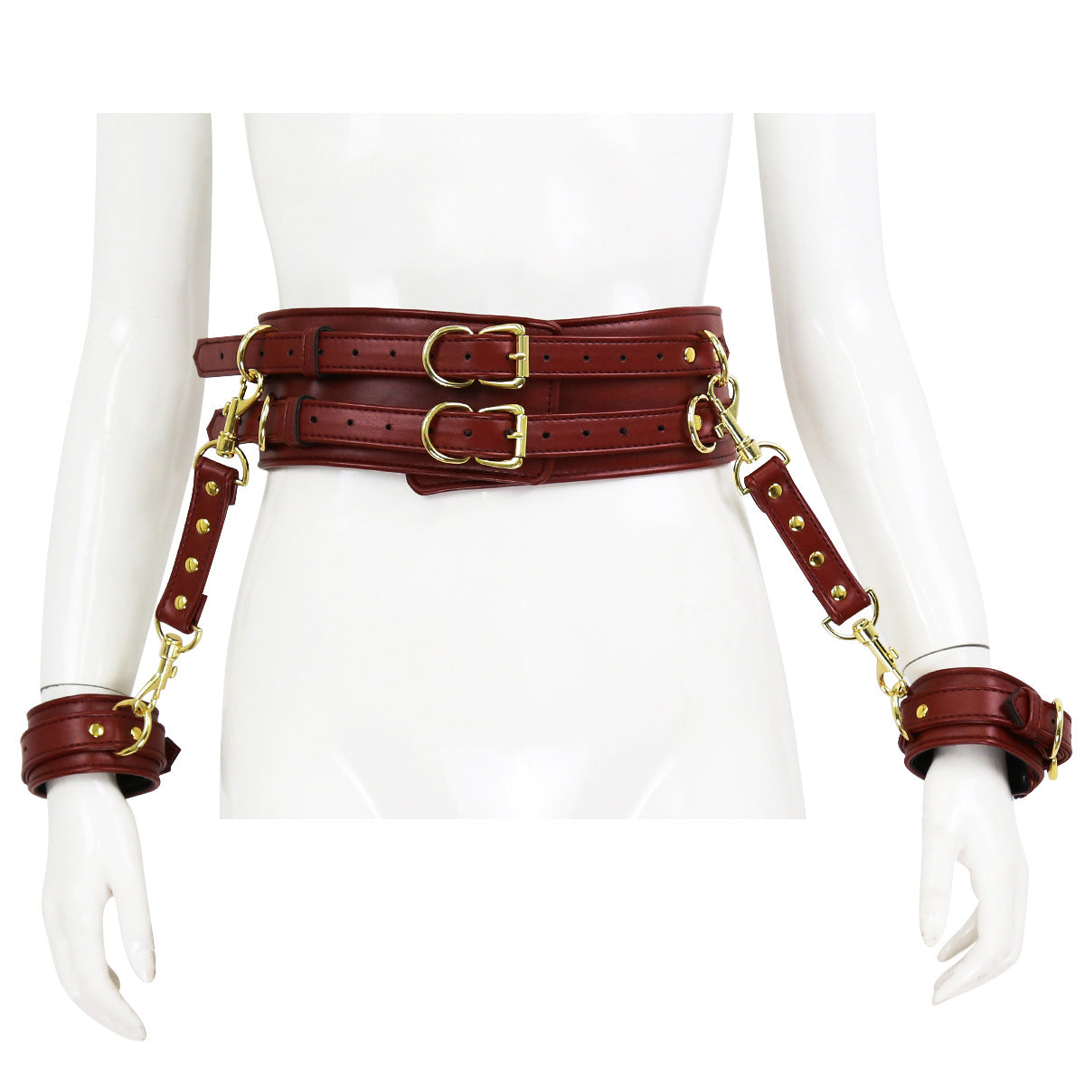 BDSM Leather Handcuffs with Waist Harness for Doggy Style - Brown - image 6