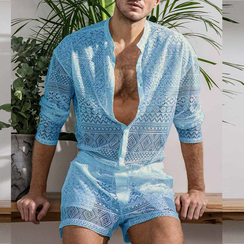 Lace Shirt Sets - Sky Blue - XXXL - image 8
