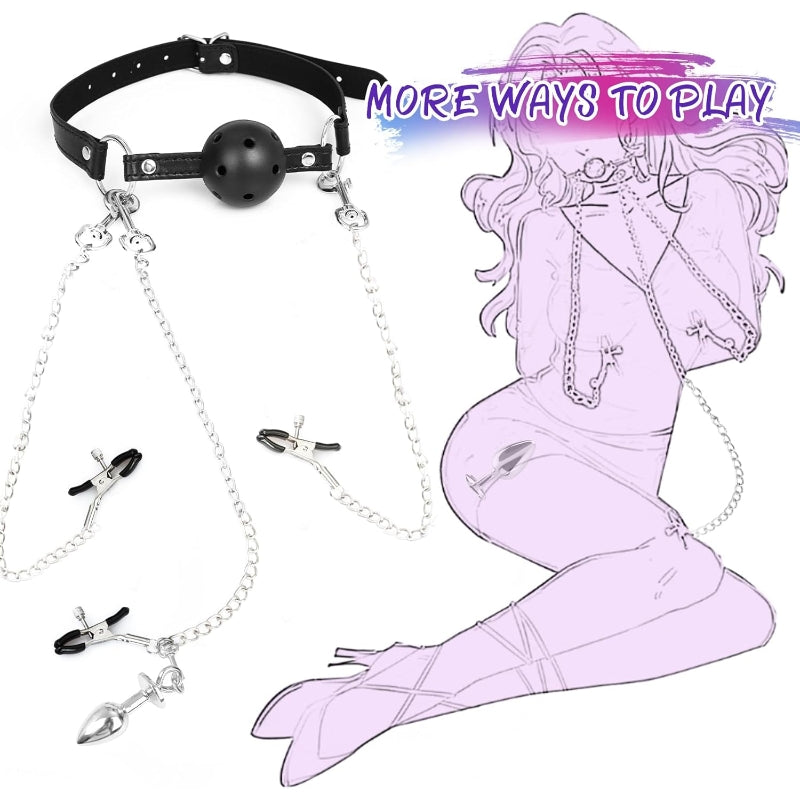 5-Piece BDSM Bondage Set – Ball Gag, Nipple Clamps & Anal Plug for Couples - image 4