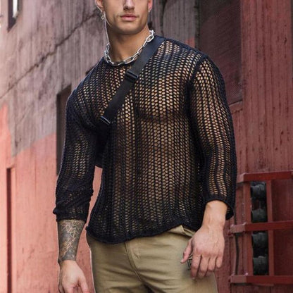 Mens Fishnet Transparent Long Sleeve T Shirt - Black - XXXL - image 4