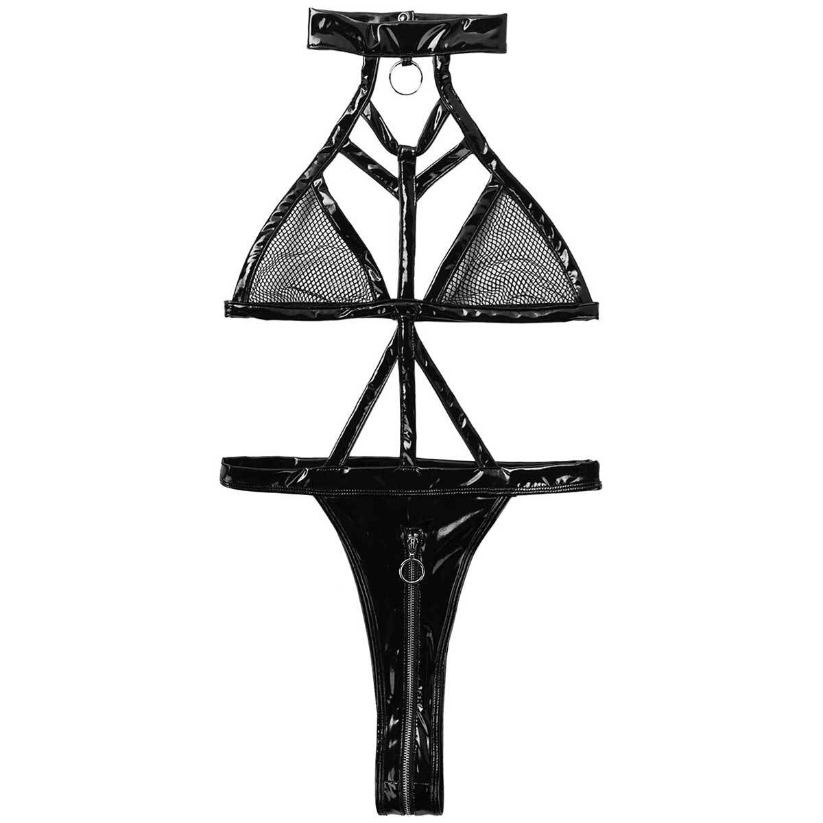 Sultry Wet-Look Patent Leather Bodysuit - Black - XXL - image 9
