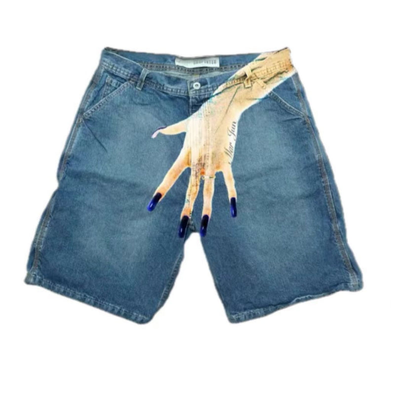 Men's Hip Hop Funny One Hand Printed Skateboarding Denim Shorts - F - XXL - image 6