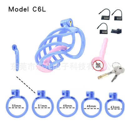 Rotating Hollow Male Chastity Cage with 4 Rings & Urethral Plug - Blue - Small - with urethral plug - image 5