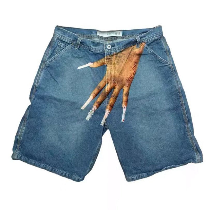 Men's Hip Hop Funny One Hand Printed Skateboarding Denim Shorts - A - XXL - image 1