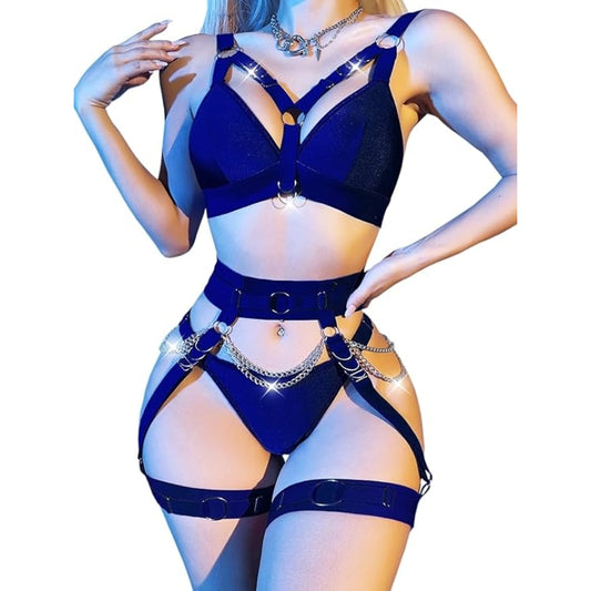 Women Sexy Locomotive Metal Chain Underwear Set - Dark Blue - XXL - image 1