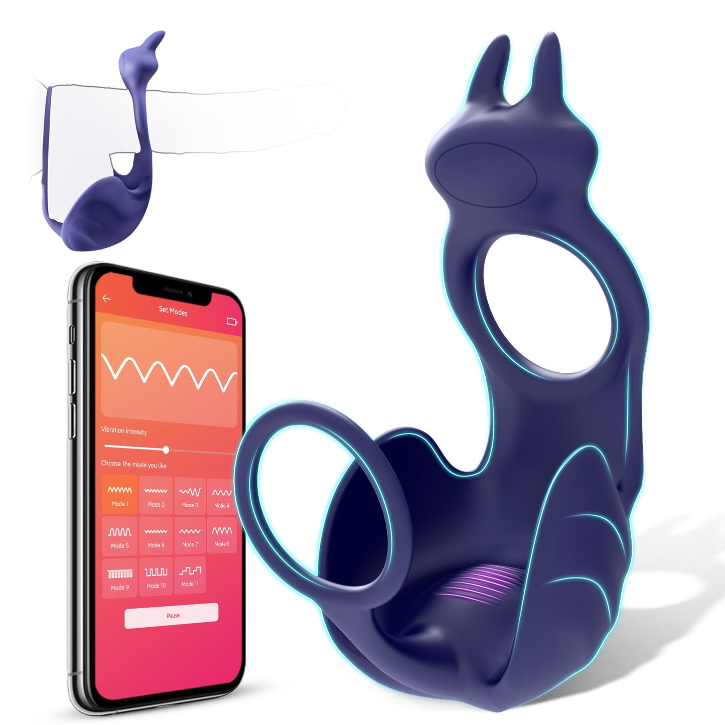 Vibrating Cock Ring with Testicle Vibrator APP Remote Control & 3 in 1  - Blue - image 10