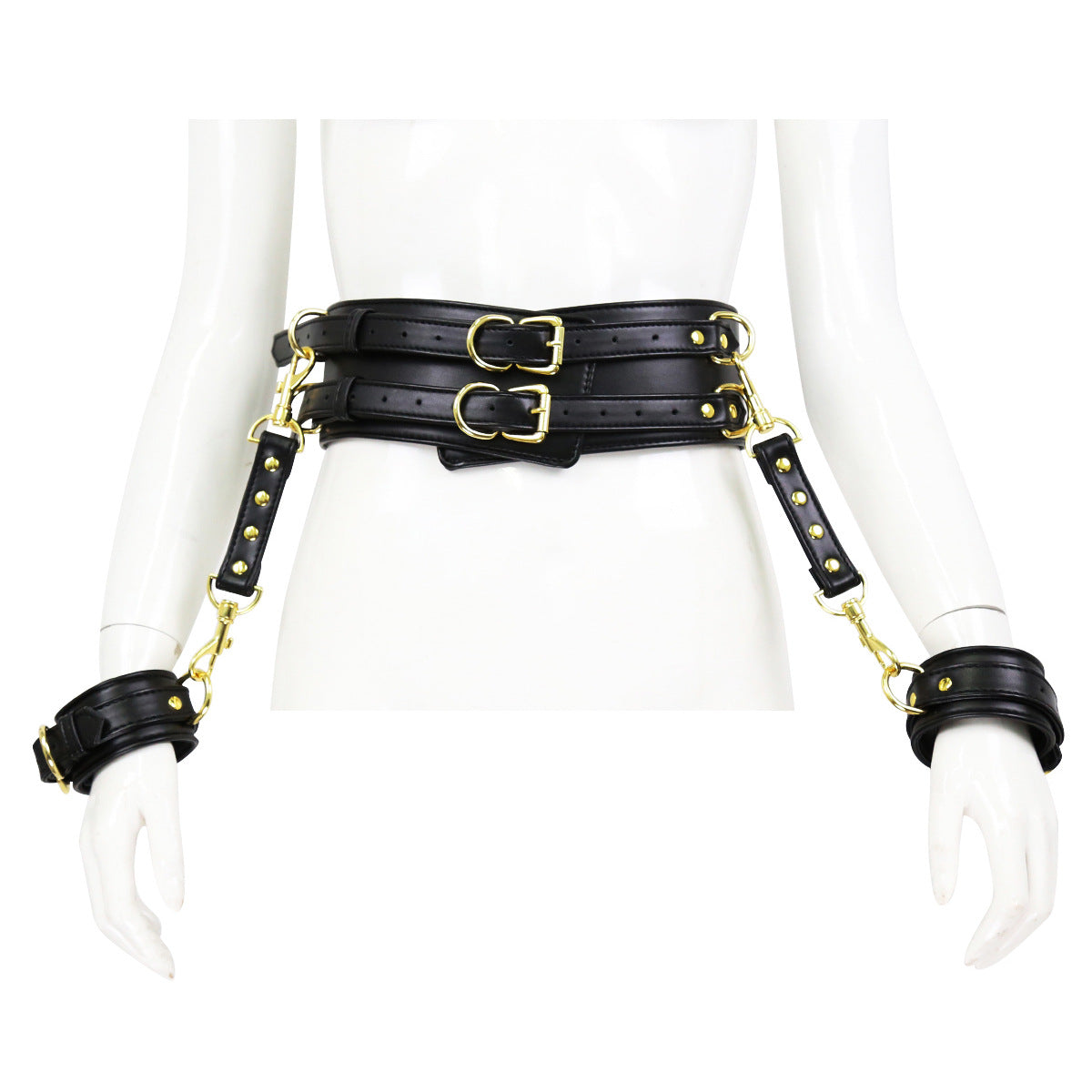 BDSM Leather Handcuffs with Waist Harness for Doggy Style - Black - image 3