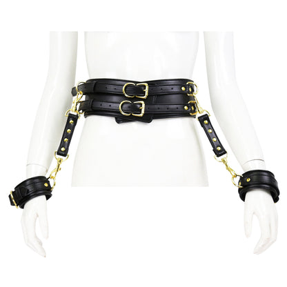 BDSM Leather Handcuffs with Waist Harness for Doggy Style - Black - image 3