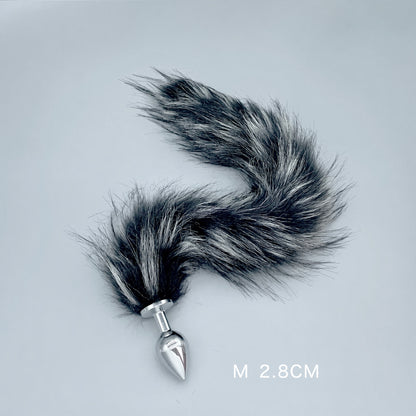 Silver & Black Fox Tail Plug with Removable Metal Base - M - image 0