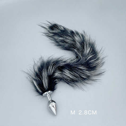 Silver & Black Fox Tail Plug with Removable Metal Base - M - image 0