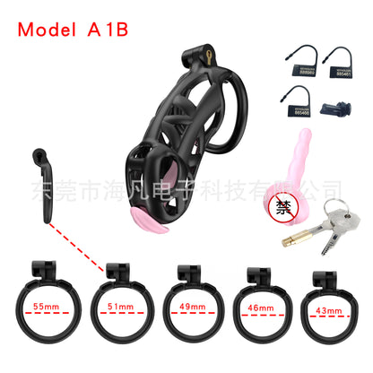 Cobra Resin Chastity Cage with 4 Rings & Catheter Tube - Black - Maxi - with urethral plug - image 8