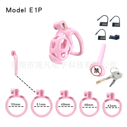 Cobra Resin Chastity Cage with 4 Rings & Catheter Tube - Pink - Nub - with urethral plug - curved rings - image 5