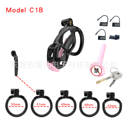 Cobra Resin Chastity Cage with 4 Rings & Catheter Tube - Black - Small - with urethral plug - image 9