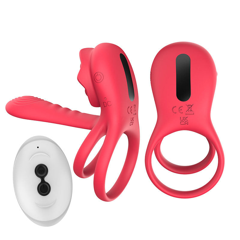 Vibrating Cock Ring Penis Sleeve with Rose Clitoral Stimulator - Red - image 0