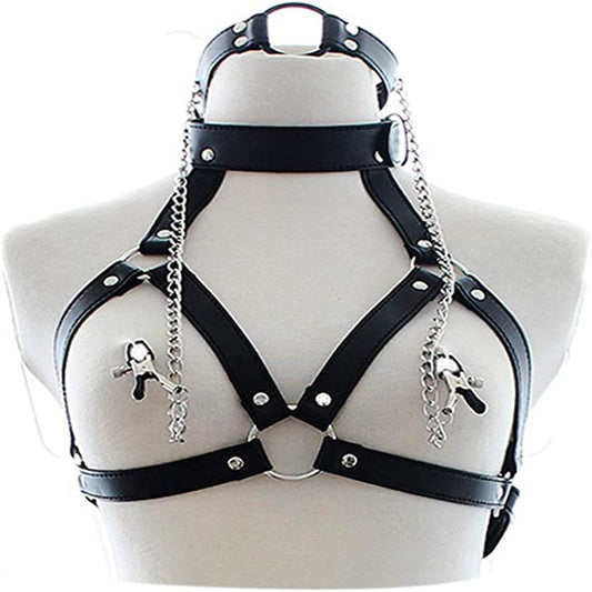 SM Leather Bondage Bra with Breast Clips - with breast clips - image 0
