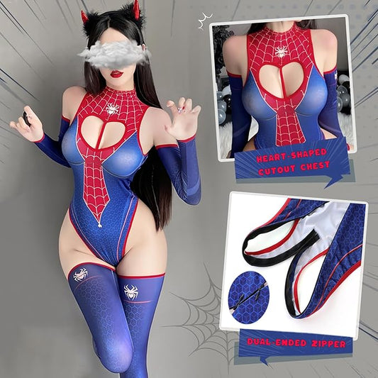 Women's Spider-Inspired Halloween Costume – Cutout Bodysuit with Gloves & Thigh-Highs - image 1