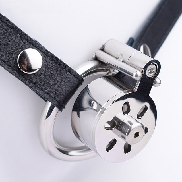 Chastity Cage with Leather Belt - 55mm with urethral tube - image 0