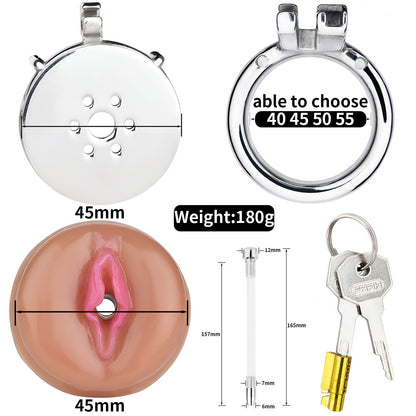Sissy Chastity Cage with Virginal Pad & Urethral Tube - 55mm circular ring - image 4