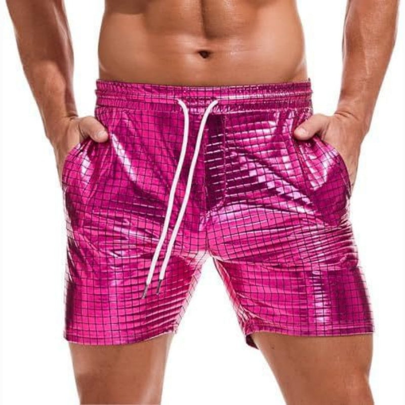 Men's Metallic 5" Holographic Rave Shorts with Drawstring - Pink Plaid - 2XL - image 11