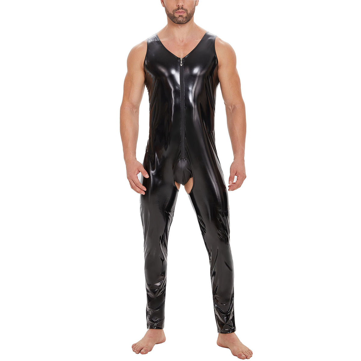 Men Shiny Leather Jumpsuit - Black - 7XL - image 3