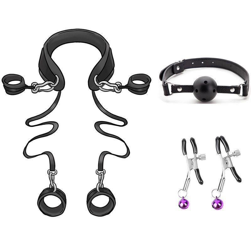 BDSM Bondage Kit Sex Enhancer with Mouth Gag & Nipple Clips - Black - image 0