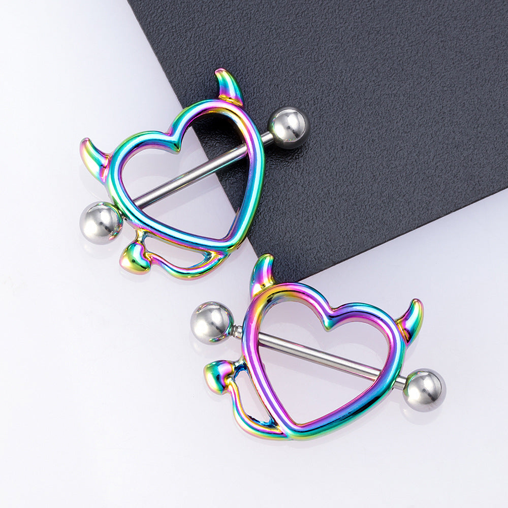 Hear Shape Demon Horn Nipple Piercing Ring - rainbow- 1 pair - image 3