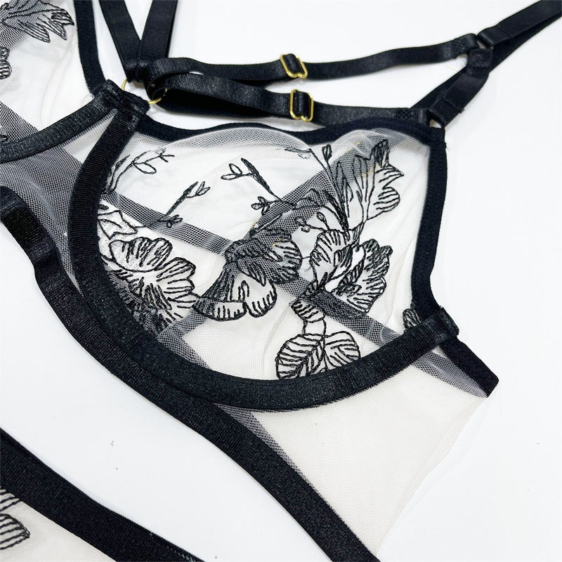 Strappy Transparent Floral Bra Thong Garter Set - image 4
