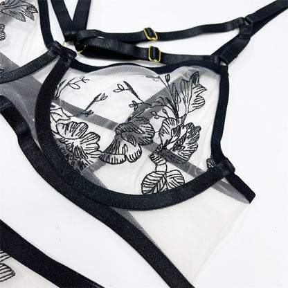 Strappy Transparent Floral Bra Thong Garter Set - image 4
