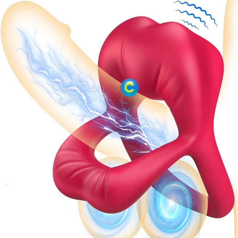 Rose Vibrating Cock Ring with Sexy Lip Clitoris - Red - image 5