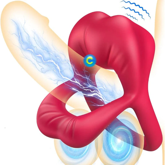 Rose Vibrating Cock Ring with Sexy Lip Clitoris - Red - image 5